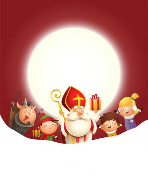Saint Nicholas ve arkadaşları Zwarte Piets ay önünde tatil kutlamak - kopya alanı ile kırmızı arka plan