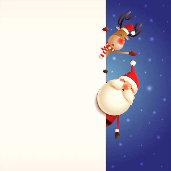 サンタクロースとトナカイが青い雪の背景にボードの後ろを覗くクリスマスカードテンプレート — ストックベクタ