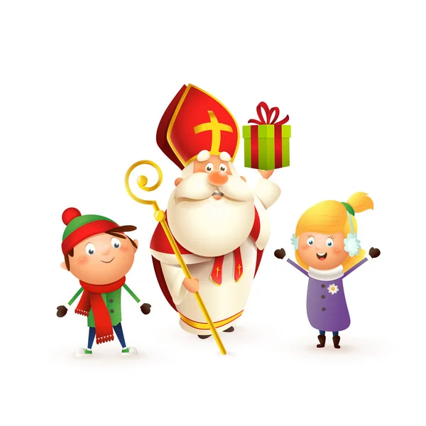 Svatý Mikuláš Dětmi Oslavují Svátky Izolované Bílém Pozadí — Stockový vektor