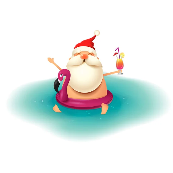 Санта Клаус Фламинго Плавать Праздновать Лето Смешно Летом Векторные Иллюстрации — стоковый вектор