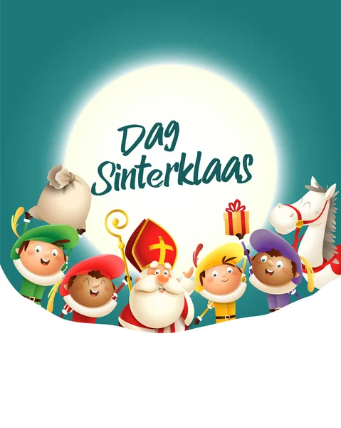 San Nicolás Sus Amigos Celebran Fiesta Frente Luna Dag Sinterklaas — Vector de stock