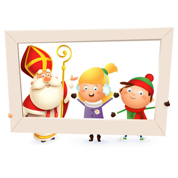 Saint Nicholas or Sinterklaas and children girl and boy with photo frame - isolated on white background