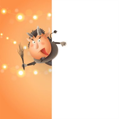 Krampus kurulu sol tarafında - mutlu sevimli karakter tatil Krampusnacht kutlamak