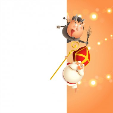 Saint Nicholas ve Krampus yönetim kurulu arkasında - Orta Avrupa geleneksel karakter - poster şablonu