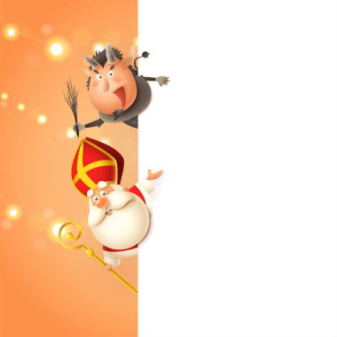 Yönetim kurulunun sol tarafında Saint Nicholas ve Krampus - Orta Avrupa geleneksel karakterler - turuncu arka plan üzerinde poster şablonu