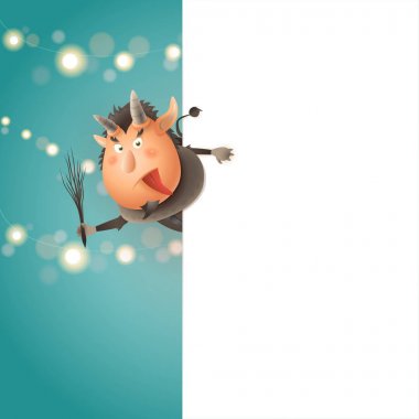 Krampus kurulu sol tarafında - mutlu sevimli karakter tatil Krampusnacht kutlamak - poster şablonu