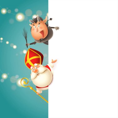 Saint Nicholas ve Krampus tahtanın sol tarafında - Orta Avrupa geleneksel karakterler - vektör