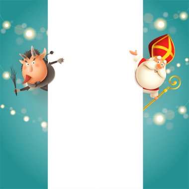 Krampus sol tarafta ve Saint Nicholas kurulu sağ tarafında - mutlu sevimli karakterler tatil kutlamak - vektör şablonu