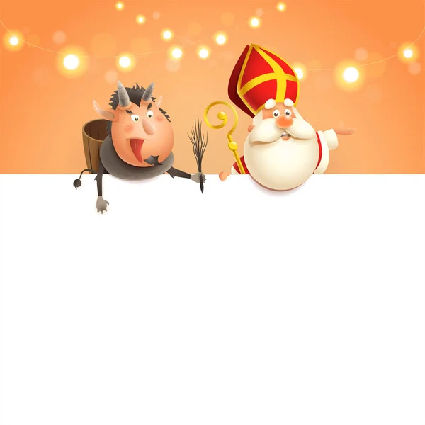세인트 니콜라스와 크람푸스 보드에 귀여운 캐릭터는 휴일을 오렌지 배경에 포스터 — 스톡 벡터