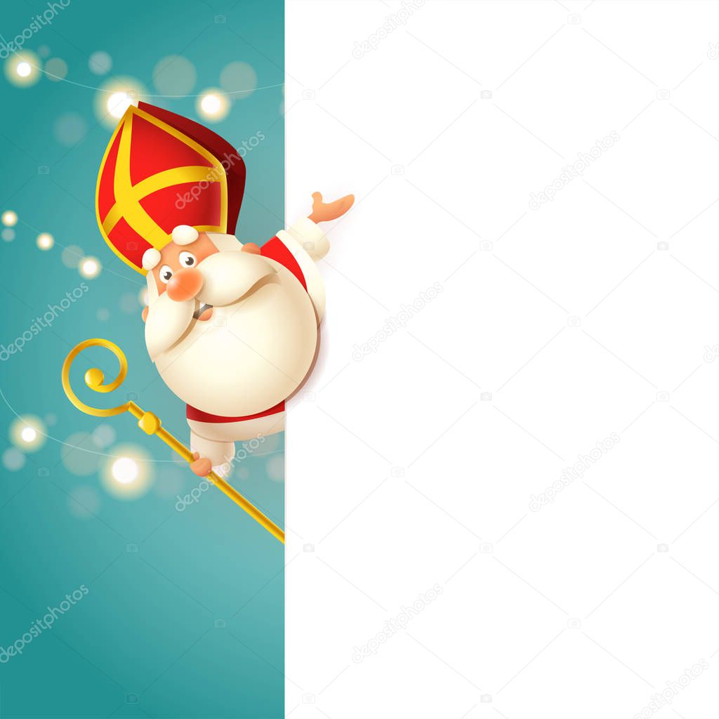 Cute Saint Nicholas - Sinterklaas on left side of board - happy cute character celebrate holidays - vector illustration