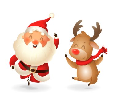 Noel Baba ve Reindeer - mutlu ifade - nokta parmak yukarı - vektör illüstrasyon şeffaf arka plan izole