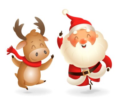 Santa Claus ve Moose - mutlu ifade - nokta parmak yukarı - vektör illüstrasyon şeffaf arka plan izole