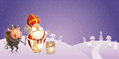 Aziz Nicholas ve Krampus şehre geliyor - kış sahnesi - mor gece arka plan