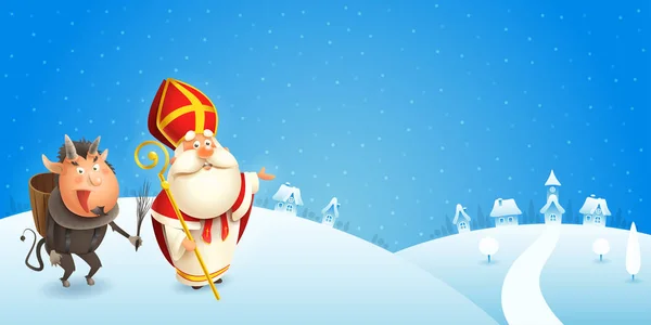 Saint Nicholas Krampus Coming Town Winter Scene Blue Background — Stock Vector