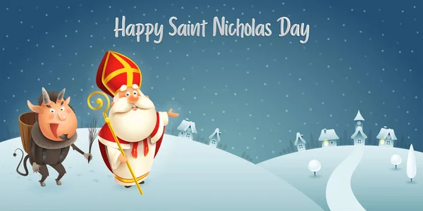 Saint Nicholas Krampus Şehre Geliyor Kış Sahnesi Karanlık Gece Arka — Stok Vektör