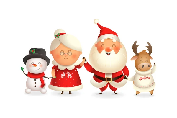 Santa Claus Con Familia Celebran Las Fiestas Moose Muñeco Nieve — Vector de stock