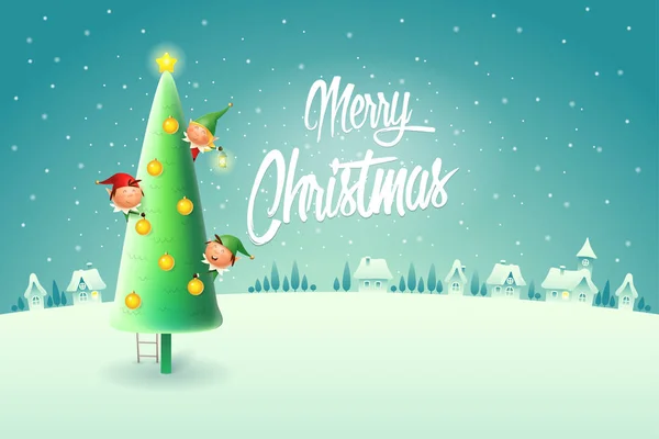 Elfos Decorando Árvore Natal Feliz Natal Cartão Saudação Inverno Noite — Vetor de Stock
