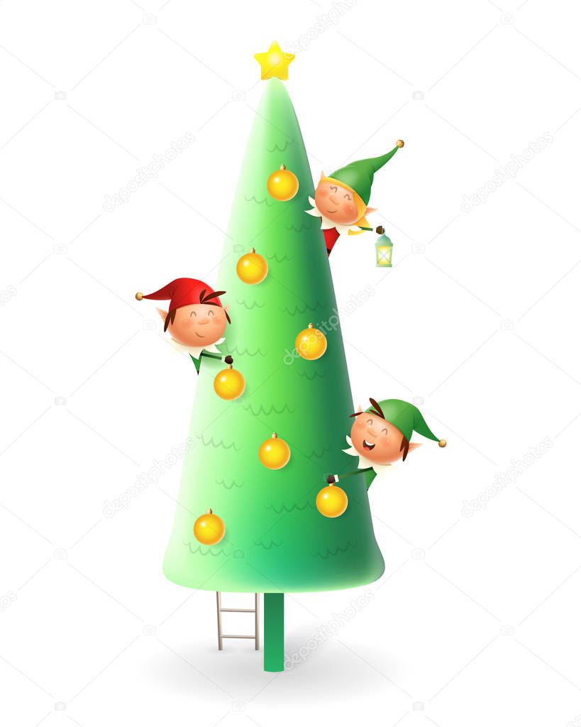 Cute Christmas Elves decorating Christmas tree - vector illustration isolated on white background