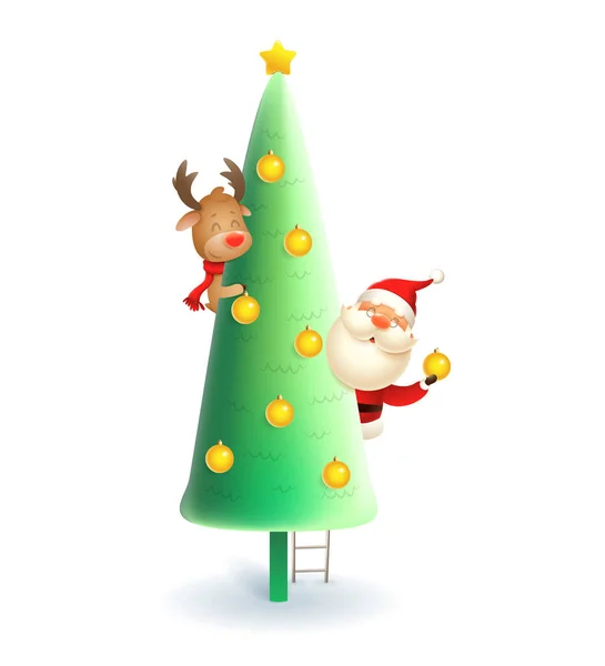 Santa Claus Sobi Zdobení Vánoční Stromeček Vektorové Ilustrace Izolované Bílém — Stockový vektor