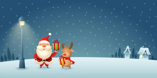 Санта Клаус Рейнеон Подарунками Під Міським Ліхтарем Зимовій Нічній Сцені — стоковий вектор