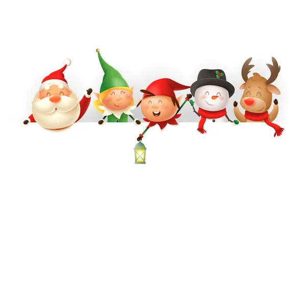 Amis Noël Bord Modèle Avec Père Noël Elfes Fille Garçon — Image vectorielle
