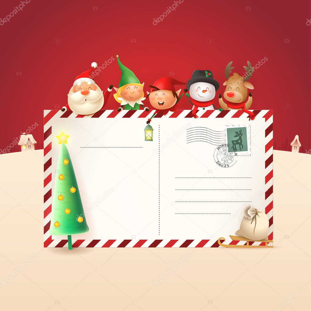 Christmas friends on letter for Santa Claus - template with Santa, Elves girl and boy, Snowman and Reindeer - vector illustration on winter scene at night