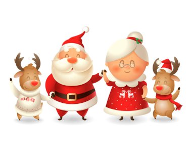 Santa Claus his wife Mrs Claus and two Reindeer celebrate winter holidays - vector illustration isolated on transparent background