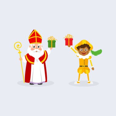 Sinterklaas veya Aziz Nicholas ve hediyeli çocuk bayramları kutluyor - Hollandalı geleneksel karakterler Zwarte Piet
