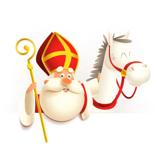 Sint Nicolaas Sint Nicolaas Met Paard Aan Boord Vectorillustratie Geïsoleerd — Stockvector