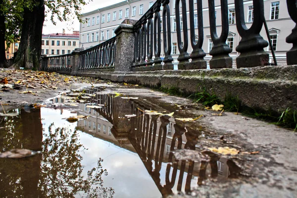 Kanalböschung Mit Einem Granitgusseisernen Zaun Herbst Pfützen Auf Dem Bürgersteig — Stockfoto