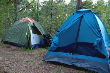 Göl kenarındaki çadırlarda turistik tatiller, gezgin vahşiler, kamp.