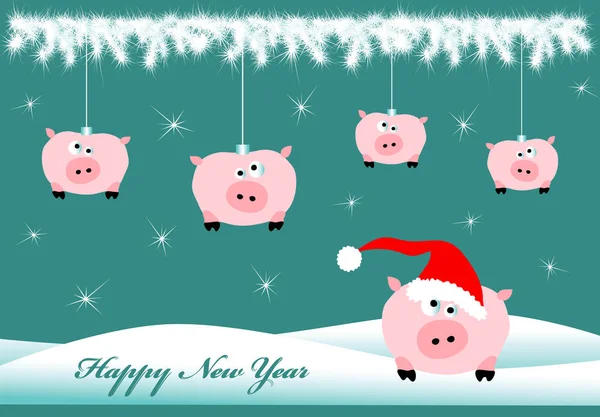 New Year Greeting Card Amusing Pigs Fir Branch Chinese Astrological — Stock Vector