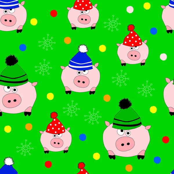 Green Seamless Background Amusing Pigs Motley Hats Snowflakes Colorful Pattern — Stock Vector
