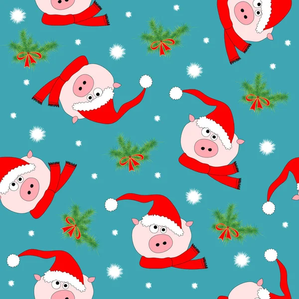 Seamless Background Fir Branches Amusing Pigs Santa Hats Scarves Colorful — Stock Vector