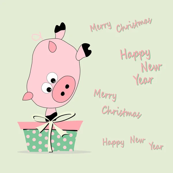 Funny Pig Standing Side Box Gift Christmas New Years Card — Stock Vector