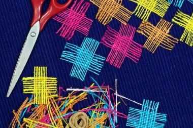 Pamuk renkli kaba kumaş soyut çok renkli kolaj.