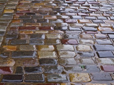 yağmurlu havalarda eski arnavut kaldırımlı yol