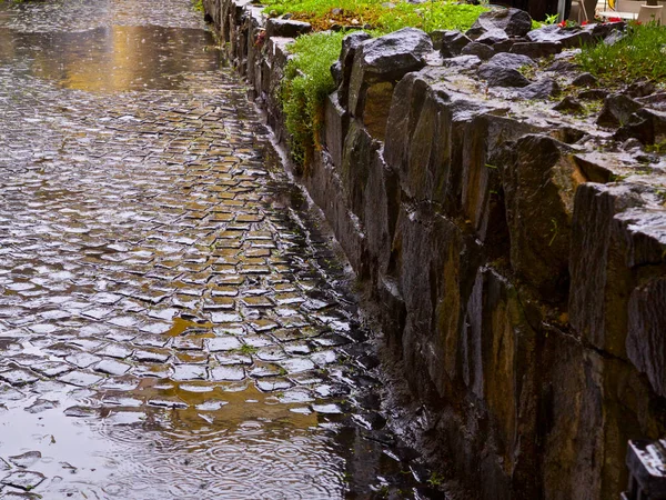 Oude Geplaveide Weg Regenachtig Weer — Stockfoto