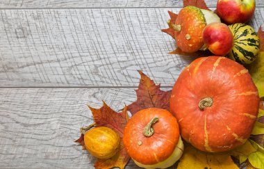 ahşap bir masada farklı balkabakları ve meyve ve akçaağaç yaprakları. sezon sonbahar. renkli fotoğraf.
