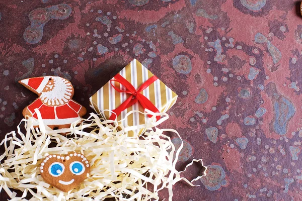 Homemade Christmas Cookies Gifts Various Decorations Brown Slate Table Festive — Stock Photo, Image