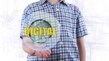 Genç adam bir hologram Dünya gezegeni ve metin dijital gösterir