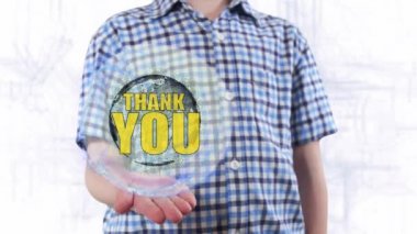 Bir hologram Dünya gezegeninin ve metin teşekkürler genç adam gösterir