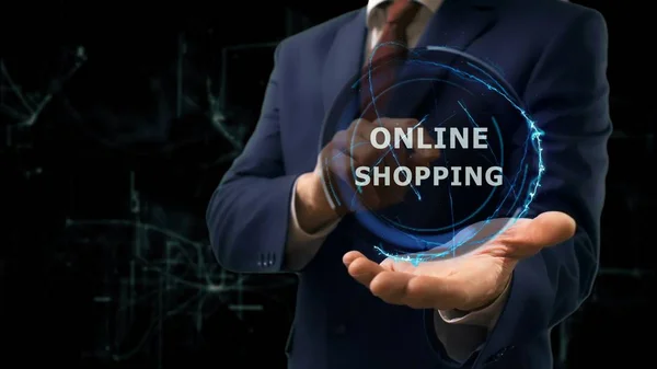 İşadamı kavramı hologram elinde alışveriş Online gösterir