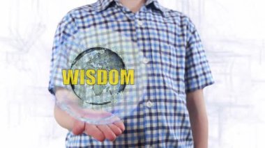 Genç adam bir hologram Dünya gezegeninin ve metin bilgelik gösterir