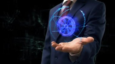 İşadamı kavramı hologram tekerlek elini üzerinde gösterir.