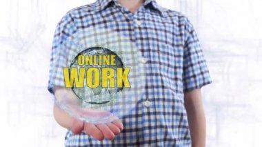 Genç adam bir hologram Dünya gezegeni ve metin Online iş gösterir