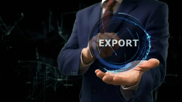 Geschäftsmann zeigt Konzept-Hologramm-Export auf seiner Hand — Stockfoto