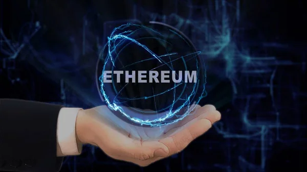 Painted hand shows concept hologram Ethereum on his hand — Stock Photo, Image