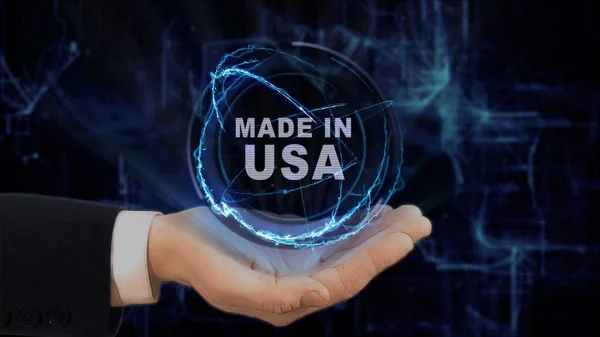 Painted hand shows concept hologram Made in USA on his hand — Stock Photo, Image