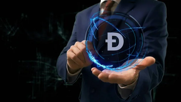 İşadamı kavramı hologram işareti Doge elini üzerinde gösterir.